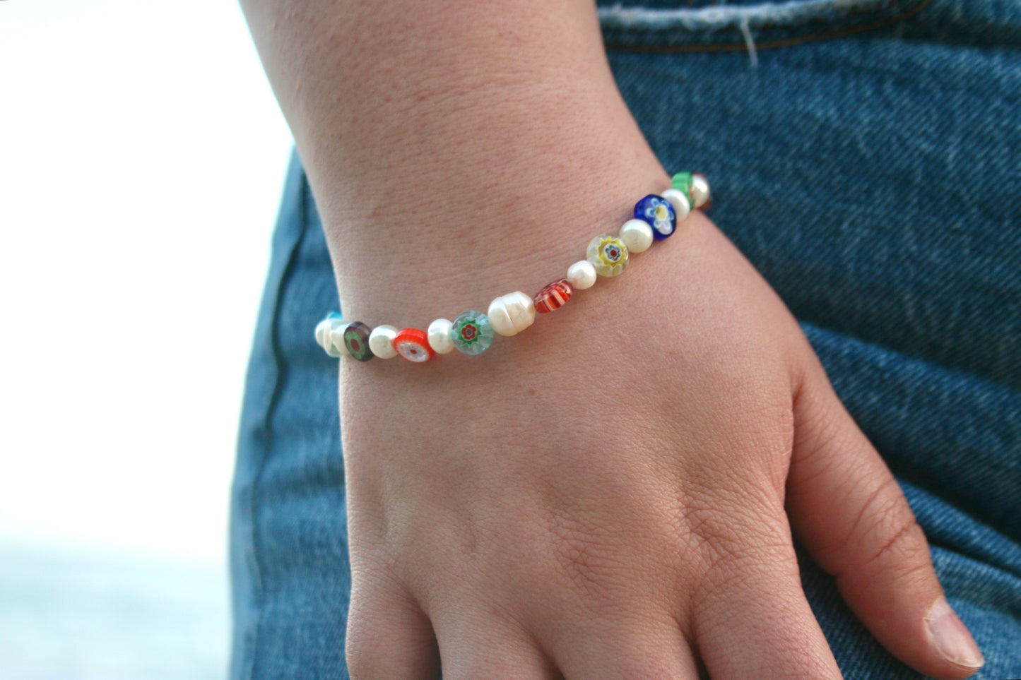 Millefiori Floral Pearl Bracelet