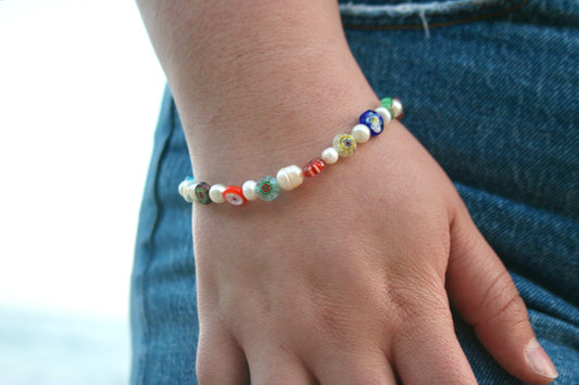 Millefiori Floral Pearl Bracelet