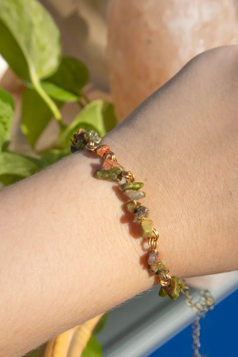 Unakite Crystal Chip Chain Bracelet