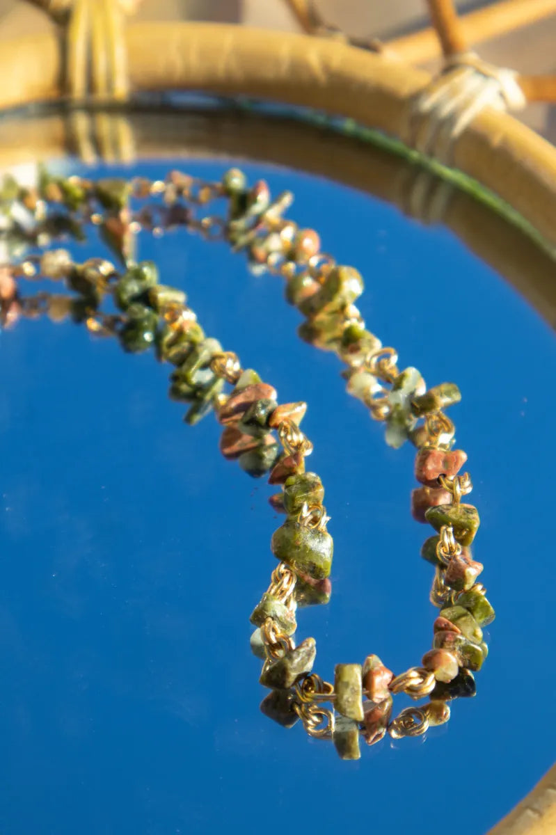 Unakite Crystal Chip Chain Necklace