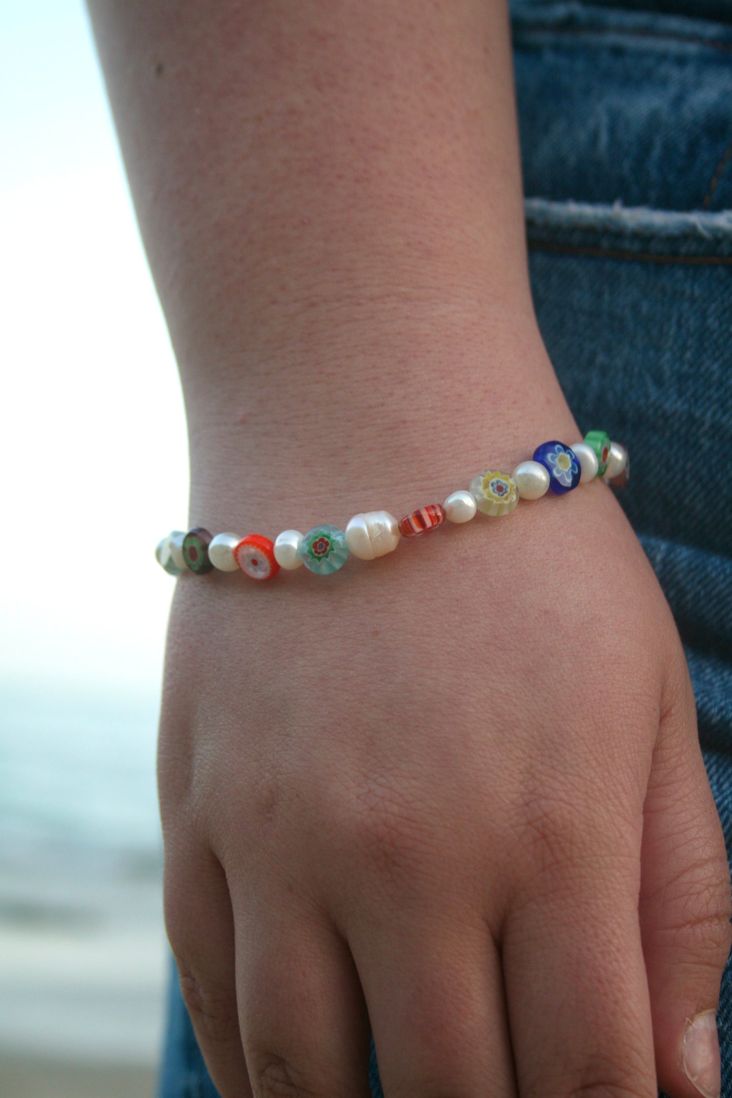 Millefiori Floral Pearl Bracelet