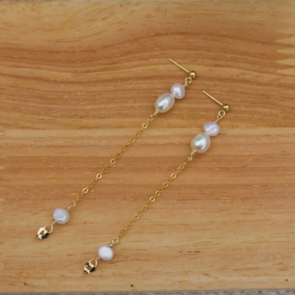 Dainty Freshwater Pearl Chain Stud Earrings