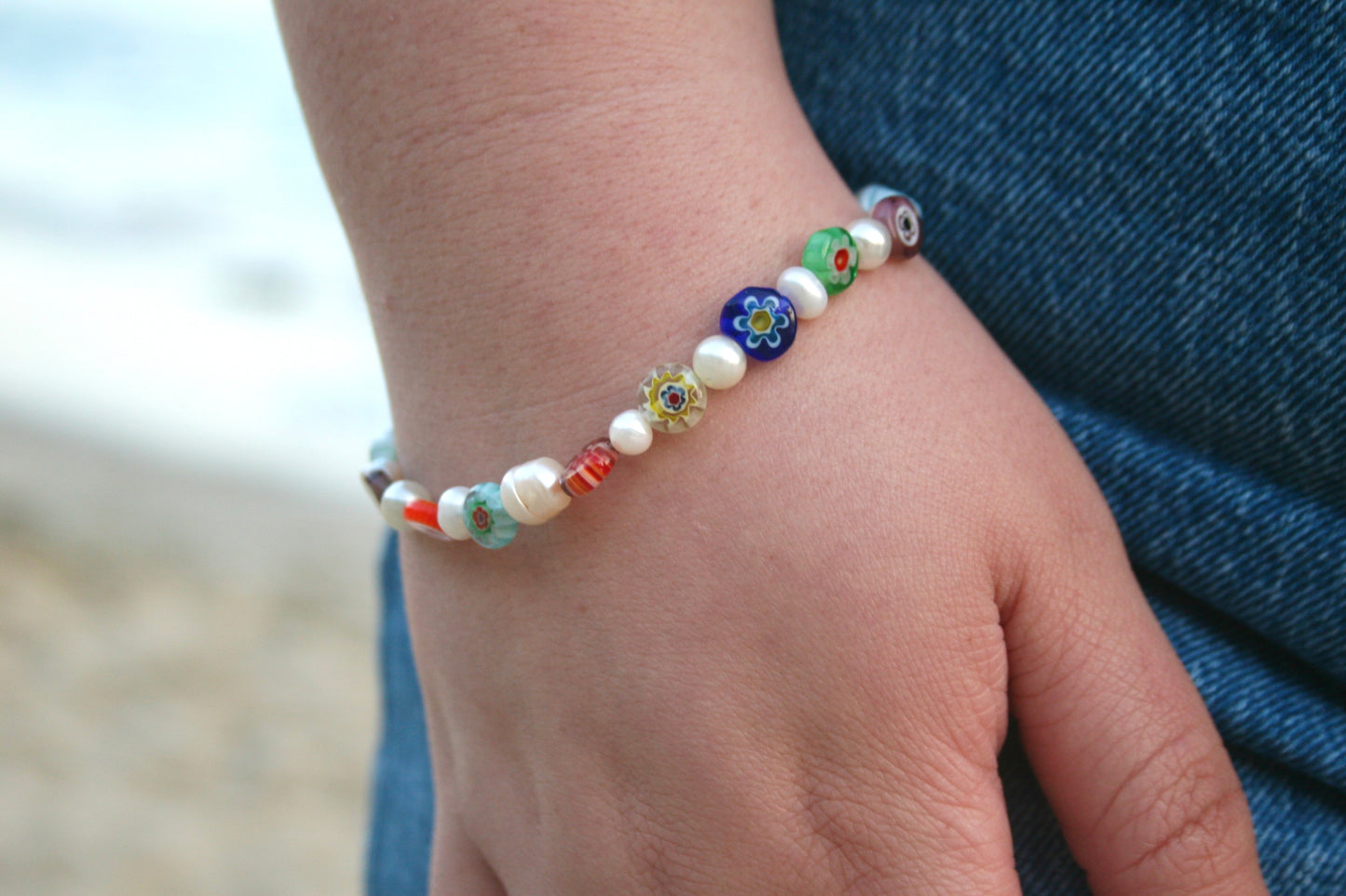 Millefiori Floral Pearl Bracelet