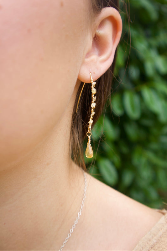 Genuine citrine long dangle earrings