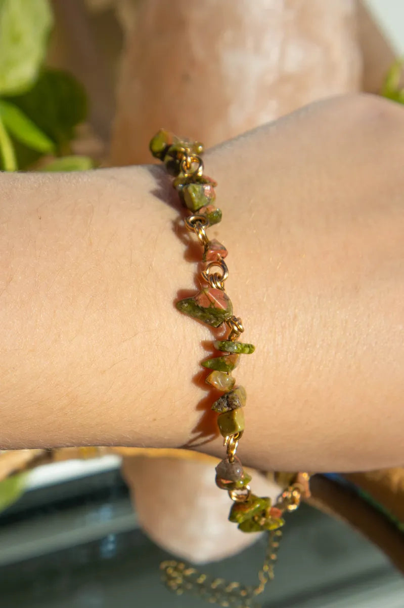 Unakite Crystal Chip Chain Bracelet