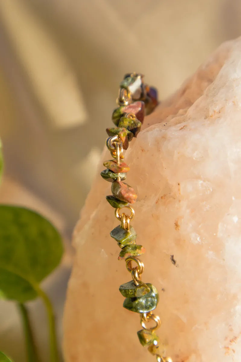 Unakite Crystal Chip Chain Bracelet