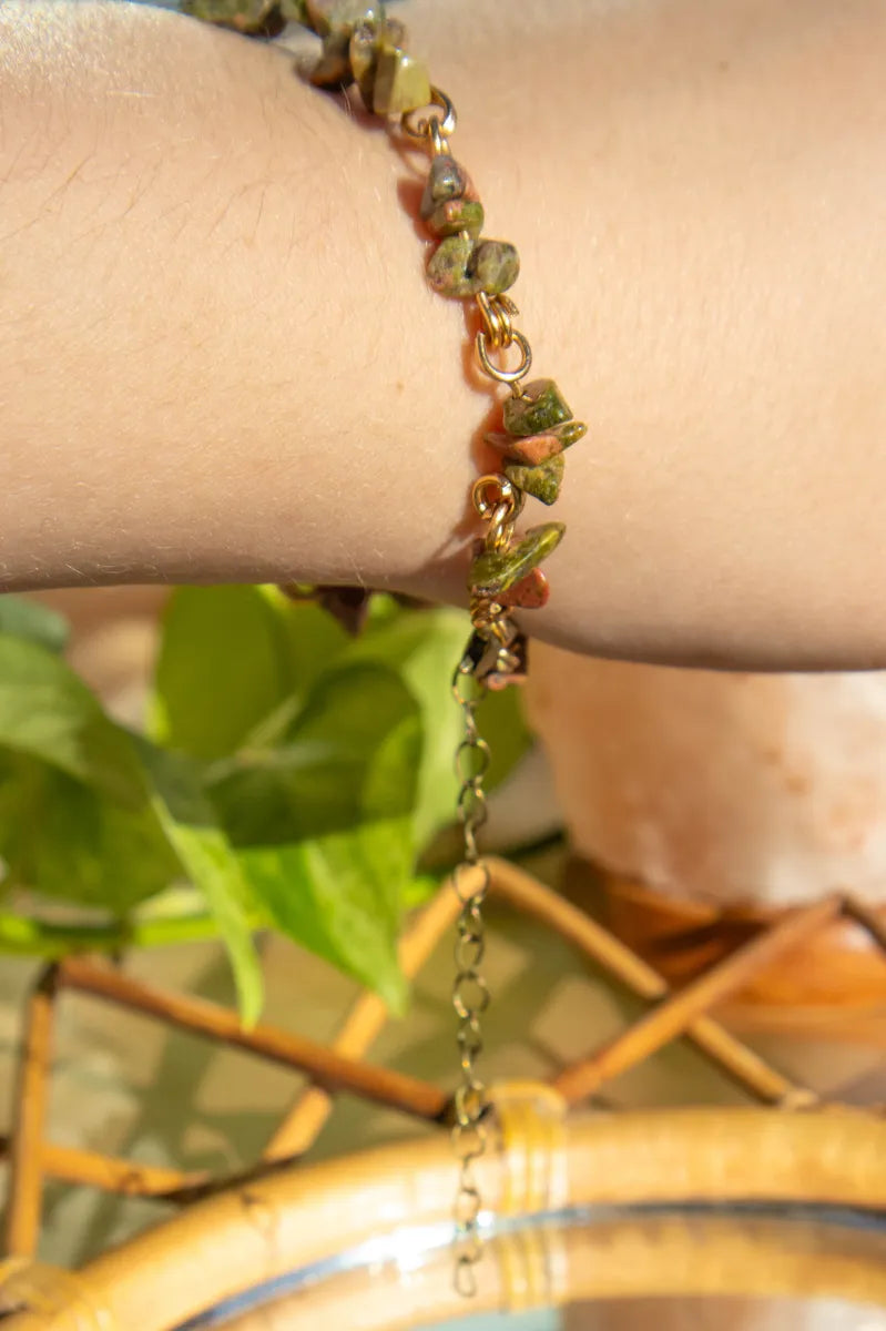 Unakite Crystal Chip Chain Bracelet