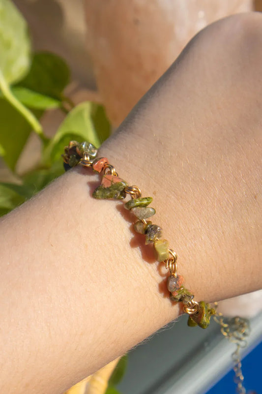 Unakite Crystal Chip Chain Bracelet