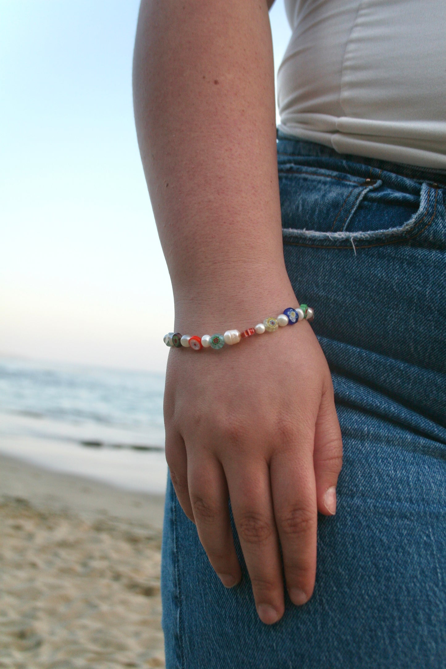 Millefiori Floral Pearl Bracelet