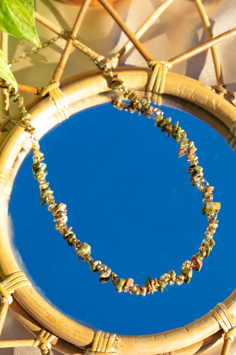 Unakite Crystal Chip Chain Necklace