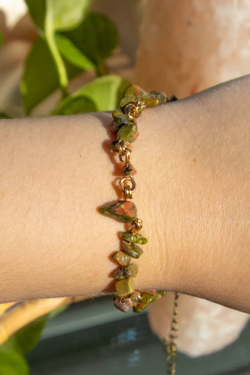 Unakite Crystal Chip Chain Bracelet