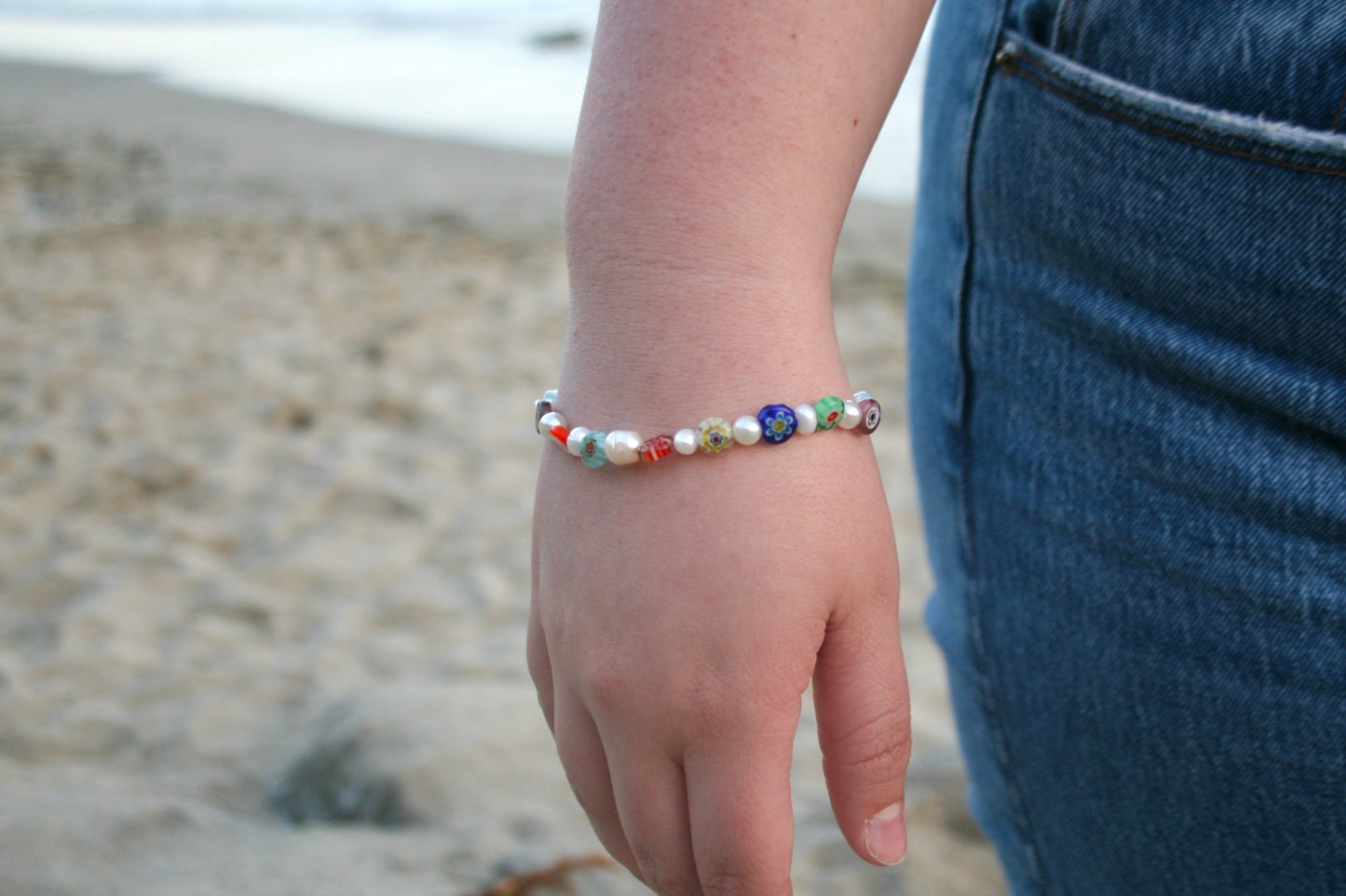 Millefiori Floral Pearl Bracelet